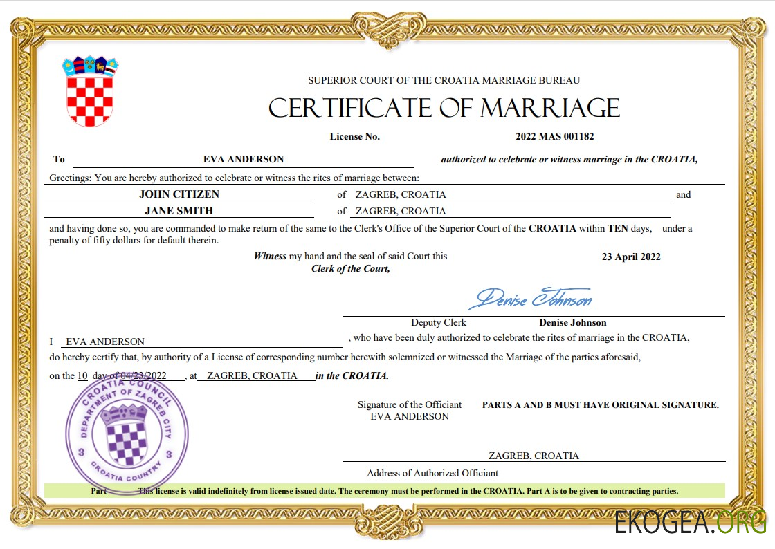 Modèle Word et PDF de certificat de mariage en Croatie
